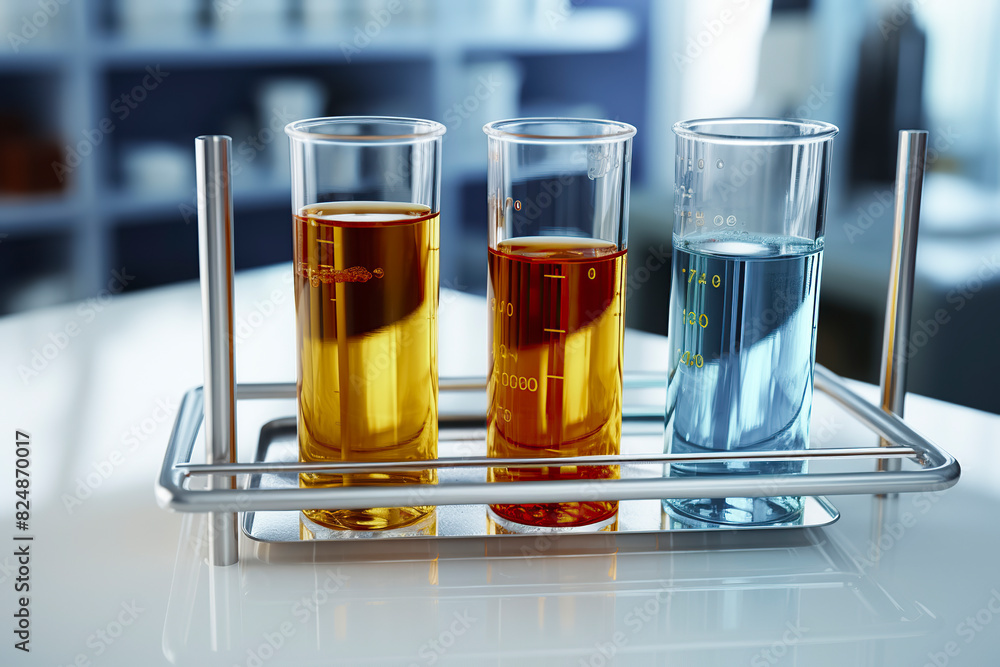 Three test tubes with yellow and blue liquids in a metal rack on a lab table, suggesting a scientific experiment Three test tubes with yellow and blue liquids in a metal rack on a lab table, suggesting a scientific experiment