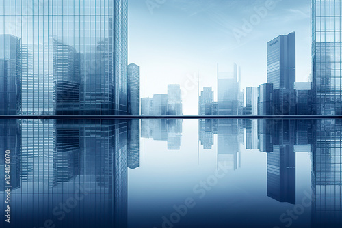A serene cityscape with modern skyscrapers reflected in calm water under a clear sky  creating a symmetrical visual effect