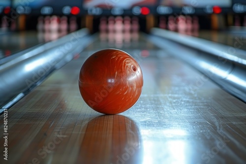 Close-up view of an orange bowling ball on a shiny lane with pins in the background photo