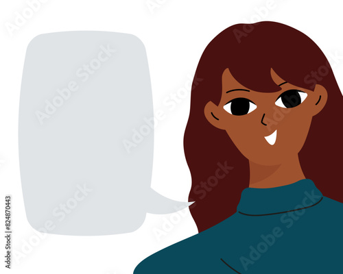 Black brunette reports information. Empty space for text, message. Smiling beautiful african woman in flat design.