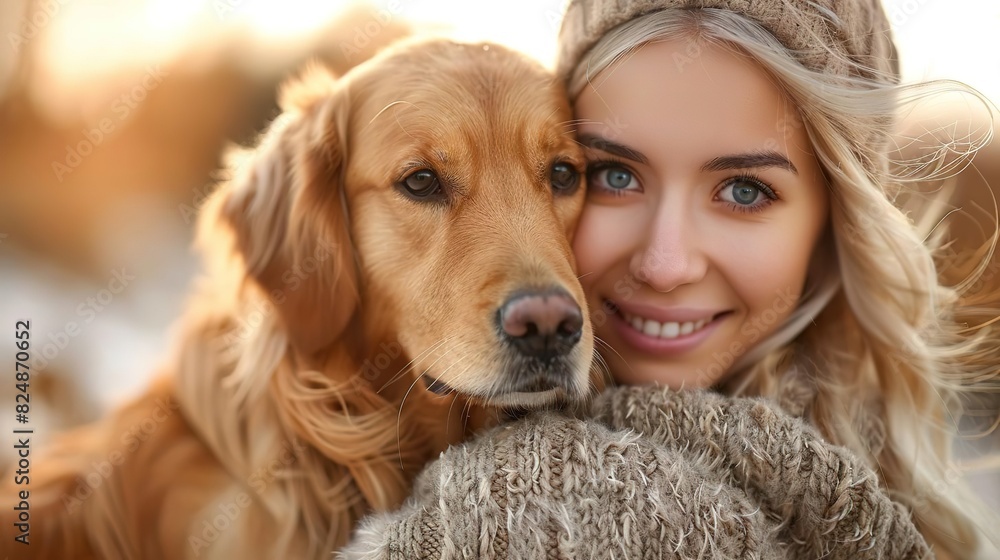 Smiling woman with her golden retriever dog in a field. Smiling woman with her golden retriever dog in a field.