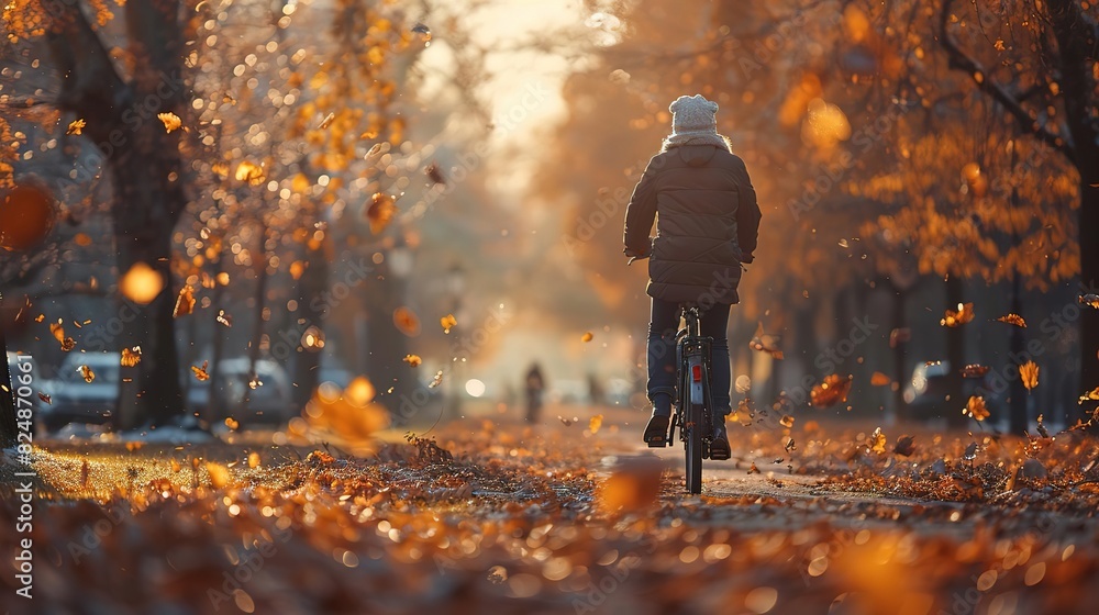 A woman rides a bike through an autumnal park, leaves falling around her. A woman rides a bike through an autumnal park, leaves falling around her.