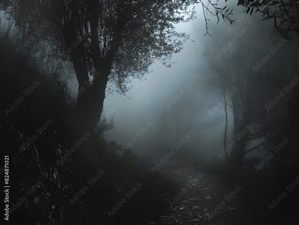 Naklejka premium Eerie Misty Forest Path with Shadowy Trees and Surreal Fog Creating Mysterious and Haunting Atmosphere on Winding Dirt Trail in Tranquil Woodland Scenery