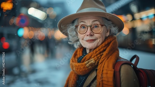Wallpaper Mural Smiling elderly woman wearing a hat and scarf in the city. Torontodigital.ca