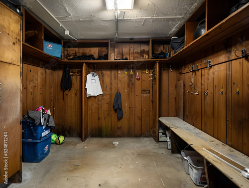 Vintage Rustic Wooden Locker Room with Dark-Stained Wood Walls and Lockers | Nostalgic Ambiance in Historical Well-Worn Interior