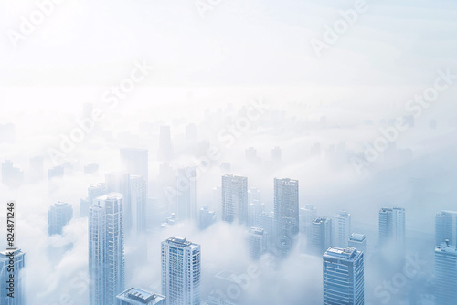 city skyline with skyscrapers enveloped in fog creating a soft and tranquil atmosphere with diffused morning light