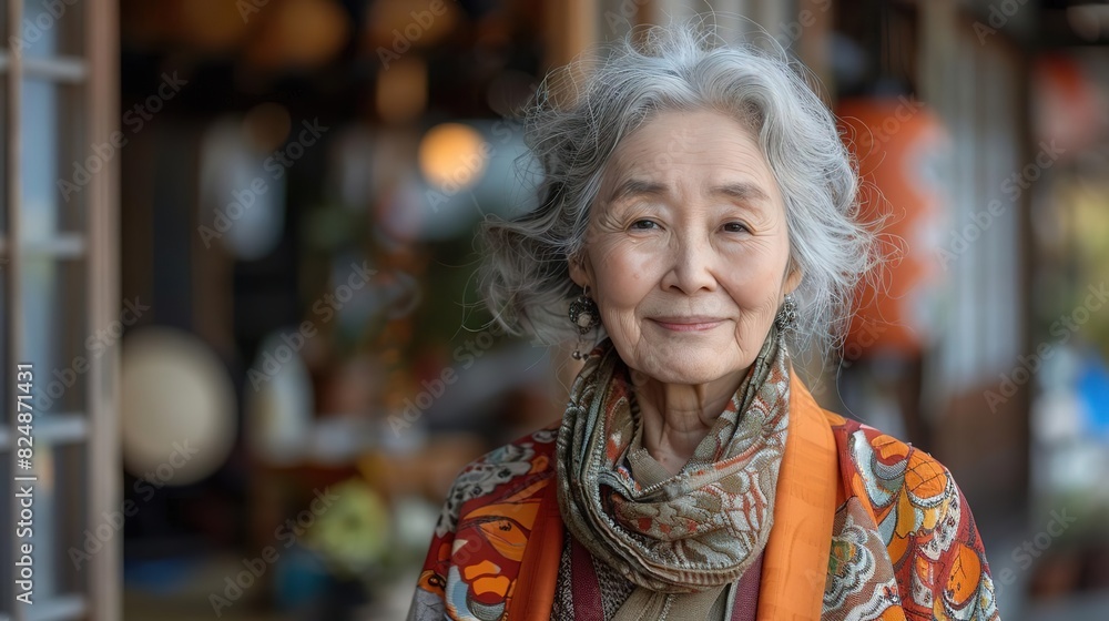 Fototapeta premium Smiling Asian senior woman wearing a scarf in front of a store