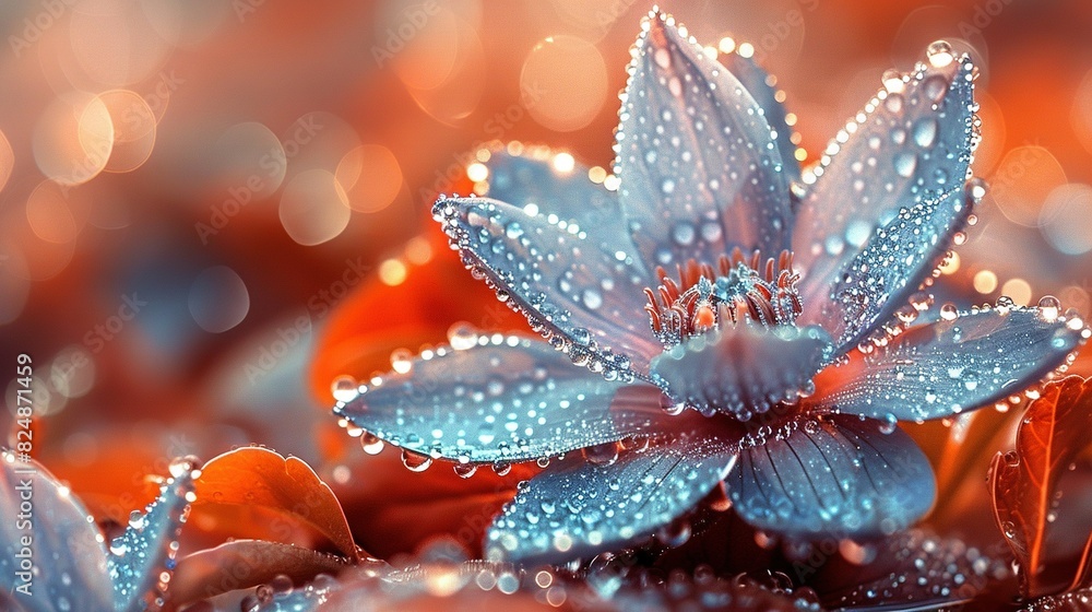 A close-up of a blue flower with droplets of water on its petals and a blurred background A close-up of a blue flower with droplets of water on its petals and a blurred background