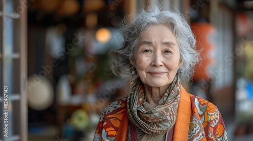 Wallpaper Mural Smiling Asian senior woman wearing a scarf in front of a store Torontodigital.ca
