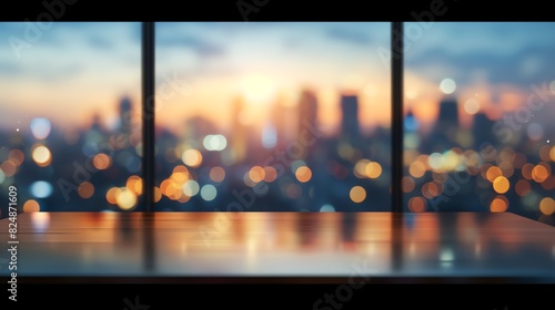 office desk with twinkling city lights in the background