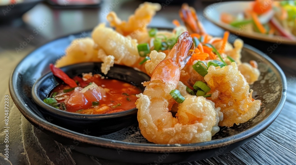 A plate of crispy tempura featuring shrimp, vegetables, and seafood, accompanied by a side of tangy dipping sauce.