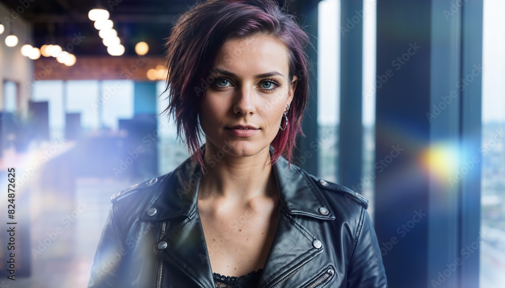Obraz premium Portrait of a confident young woman with edgy hairstyle in a modern office setting, exuding professionalism and style. Bright and dynamic environment with contemporary lighting.