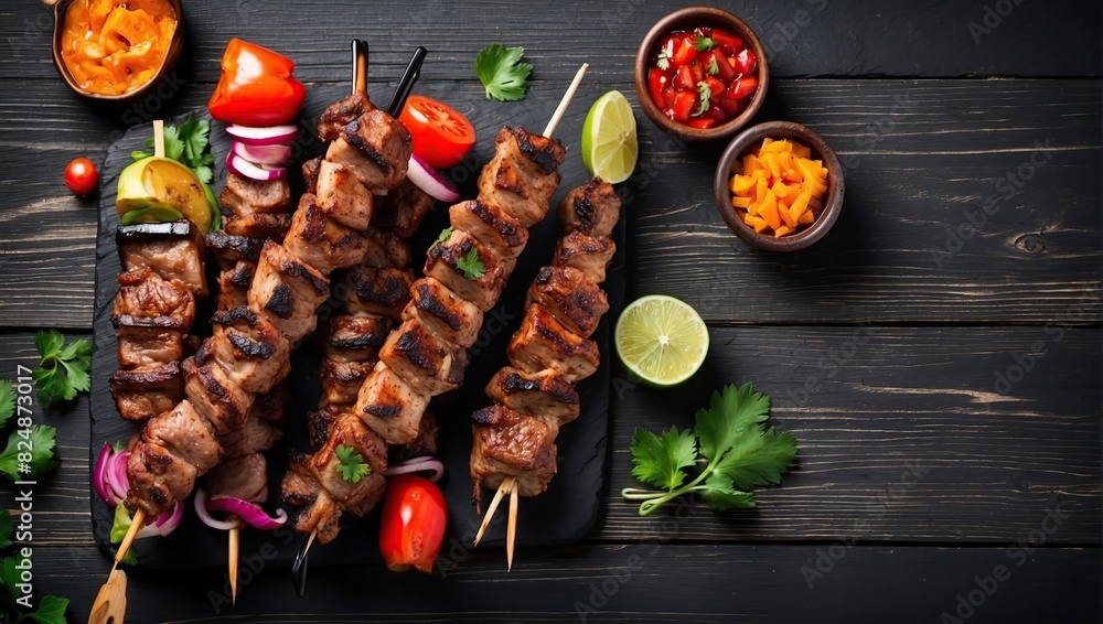 Grilled meat skewers, shish kebab On a black wooden background. Top view. Free space for your text.