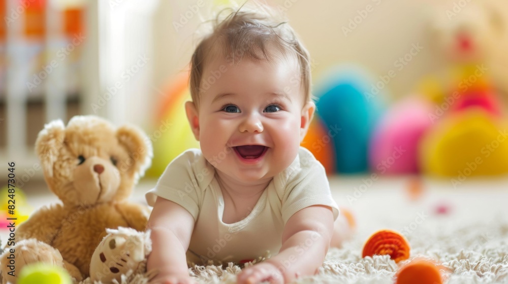 Baby Smiling While Playing with Plush Toy in Colorful Nursery Baby Smiling While Playing with Plush Toy in Colorful Nursery