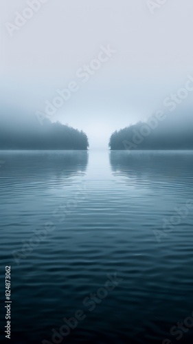 Mystical Foggy Lake Scene with Calm Water and Enveloping Mist, Creating a Serene and Tranquil Atmosphere Perfect for Meditative and Contemplative Moments photo