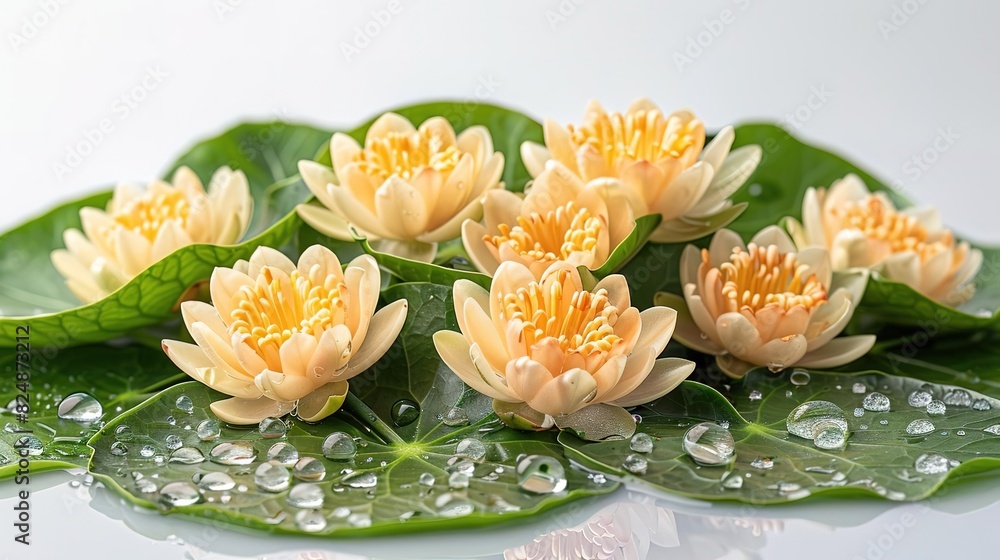 Six delicate peach water lilies on green lily pads with water droplets. Six delicate peach water lilies on green lily pads with water droplets.