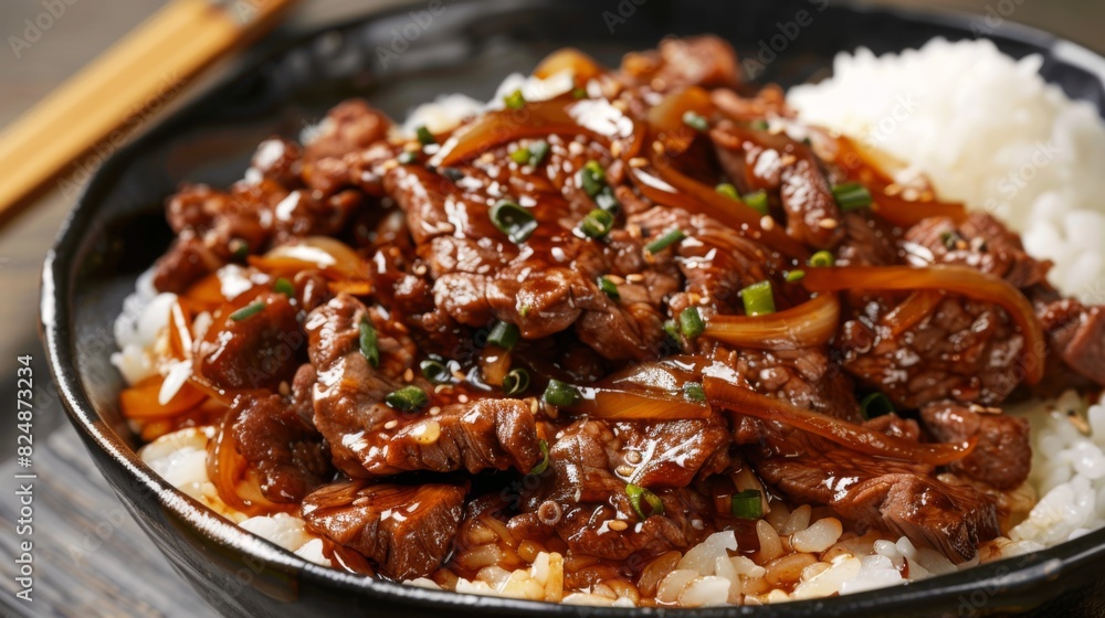 A plate of delicious donburi topped with thinly sliced beef and onions simmered in a sweet and savory sauce, served over a bowl of fluffy rice. A plate of delicious donburi topped with thinly sliced beef and onions simmered in a sweet and savory sauce, served over a bowl of fluffy rice.