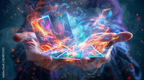 Ethereal Fortune Teller's Hands Casting Tarot Cards into Swirling Vortex