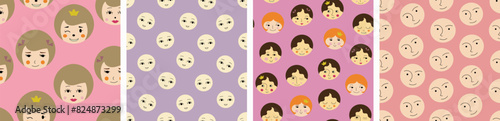 Four creative patterns pack, nice girlish faces. Multicolor repeating backdrops, female guise, continuous design with creative shapes.