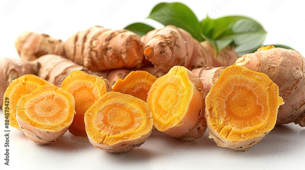 Fresh turmeric root with slices, isolated on white background. Fresh turmeric root with slices, isolated on white background.