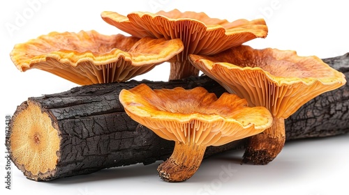 Close-up of orange chanterelle mushrooms on a log