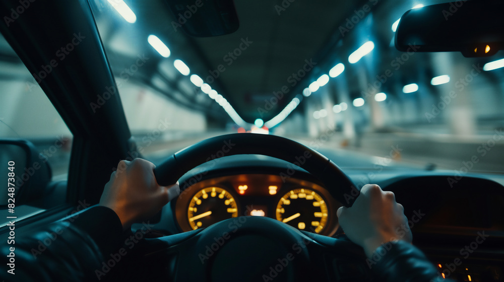 Obraz premium トンネルの中を走る車のコクピット