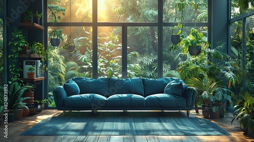   A spacious living room featuring an abundance of greenery and a vibrant blue sofa situated beneath a towering window photo