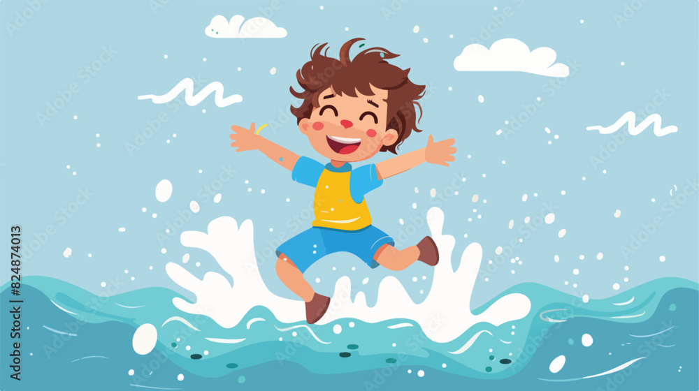 Happy boy jumping in water. Active cheerful kid Carto