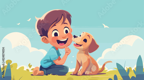 Happy boy with puppy. Joyful kid play with dog Cartoo