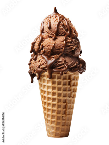 Chocolate ice cream on waffle cone isolated on transparent or white background