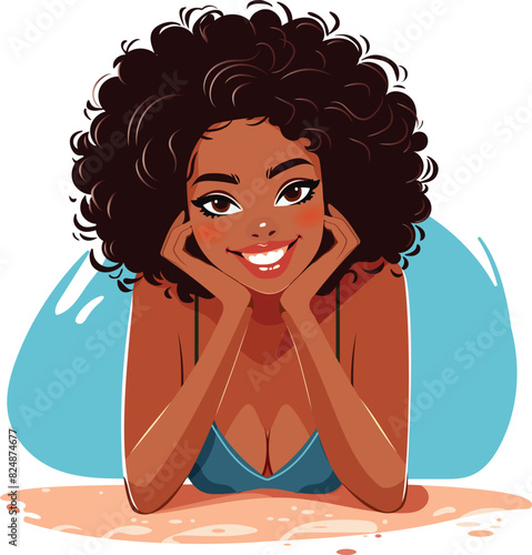 Cute black woman lying on the beach with a beautiful smile. Isolated. Vector illustration in flat style