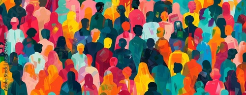 A diverse group of people of all ages and ethnicities are walking together in a crowd