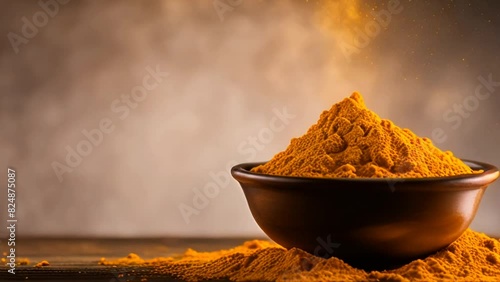 Сlose-up of ground turmeric powder in a rustic bowl photo