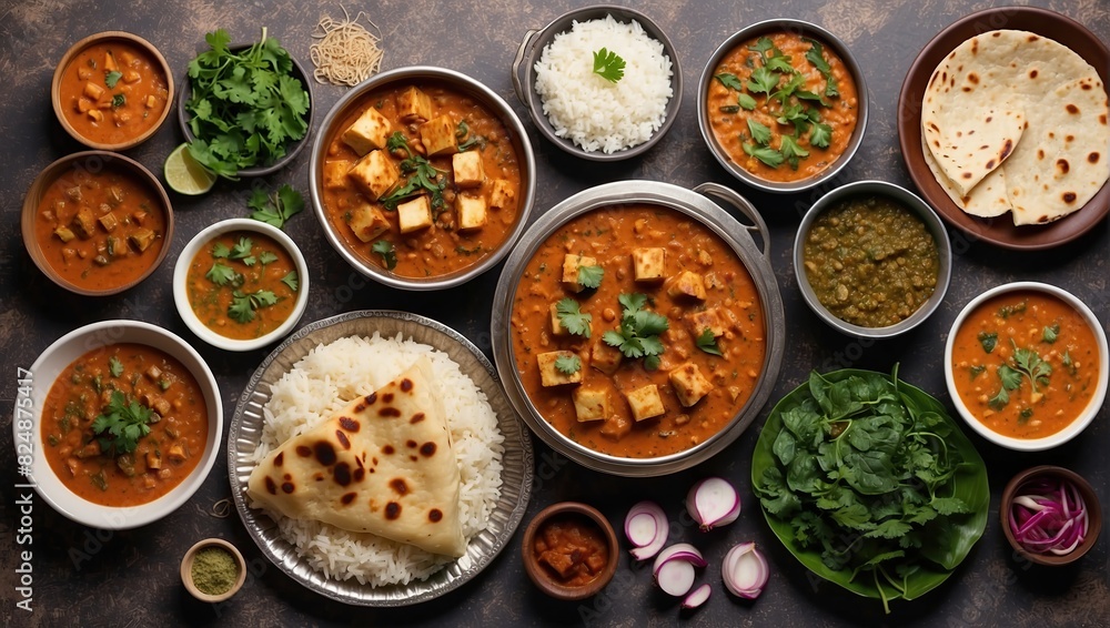 Indian Lunch / Dinner main course food in group includes Paneer Butter Masala, Dal Makhani, Palak Paneer, Roti, Rice etc, Selective focus Top view. Free space for your text. Indian Lunch / Dinner main course food in group includes Paneer Butter Masala, Dal Makhani, Palak Paneer, Roti, Rice etc, Selective focus Top view. Free space for your text.