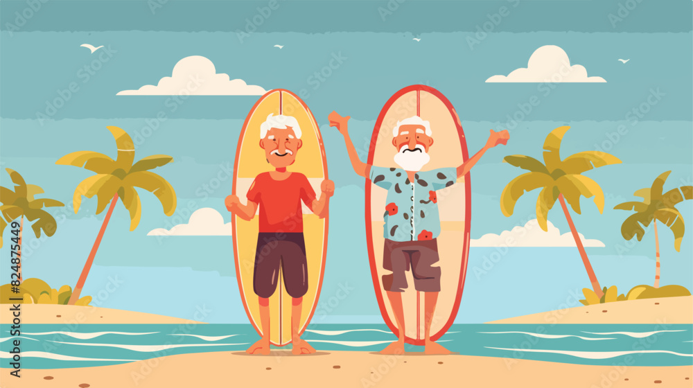 Happy old man and woman with surfing boards. Seniors