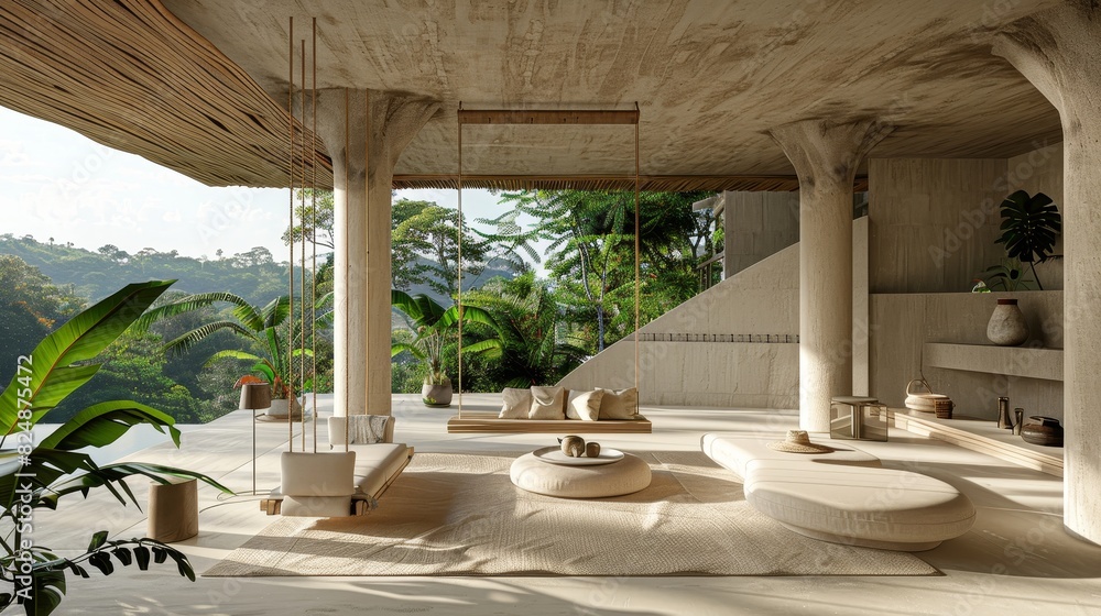 Fototapeta premium A large open living room with a lot of greenery and plants