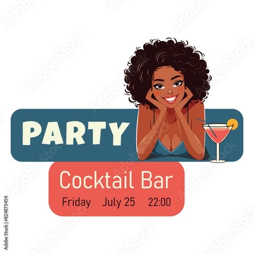 Summer retro illustration with pretty black woman lies near a glass of cocktail. Template for poster, banner, party, invitation or card. Vector illustration in flat style.