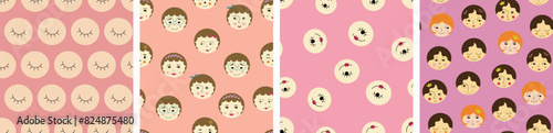 Four endless patterns, cutely girlish faces. Surface design for branding, woman visage, colorful abstract background.