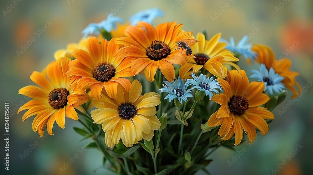 a few flowers in a vase against a blurred background of blue, yellow and orange hues a few flowers in a vase against a blurred background of blue, yellow and orange hues