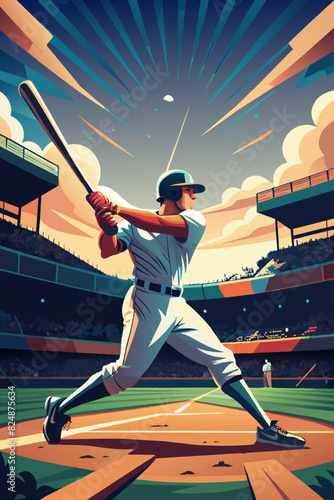 Baseball Player Hitting the Ball in Sunny Stadium Illustration