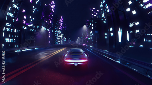 3d render car driving on the city streets at night with neon lights and in a cyberpunk style