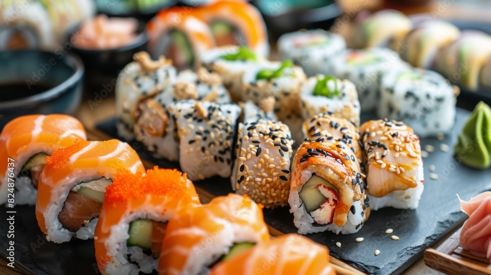 A platter of fresh and flavorful sushi rolls, including California rolls, spicy tuna rolls, and crunchy tempura rolls, served with soy sauce and wasabi. A platter of fresh and flavorful sushi rolls, including California rolls, spicy tuna rolls, and crunchy tempura rolls, served with soy sauce and wasabi.