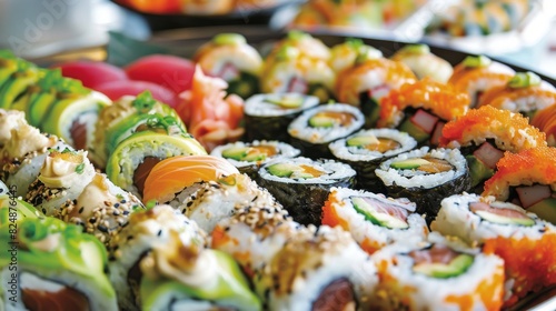 A platter of fresh and flavorful sushi rolls, including California rolls, spicy tuna rolls, and crunchy tempura rolls, served with soy sauce and wasabi.