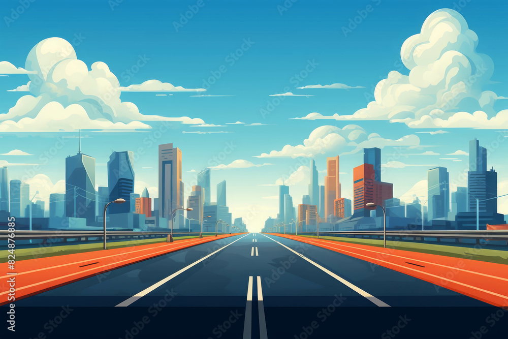 Fototapeta premium Illustrated cityscape with modern skyscrapers, a clear blue sky, and an empty road leading towards the horizon. Vibrant and colorful urban scene.
