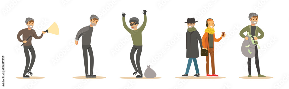 Man Thief or Robber Commits Crime and Robbery Vector Set