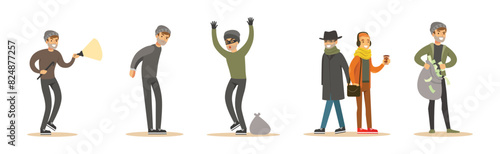 Man Thief or Robber Commits Crime and Robbery Vector Set