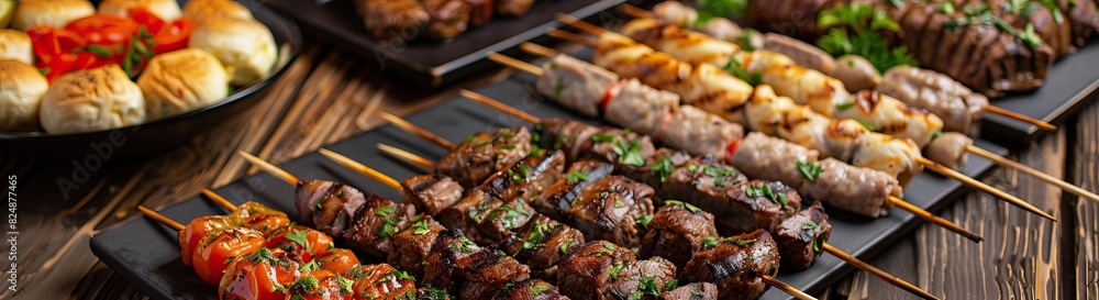 Assortment of meat appetizers on table: meat rolls, kebabs, and meatballs