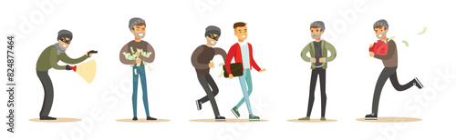 Man Thief or Robber Commits Crime and Robbery Vector Set