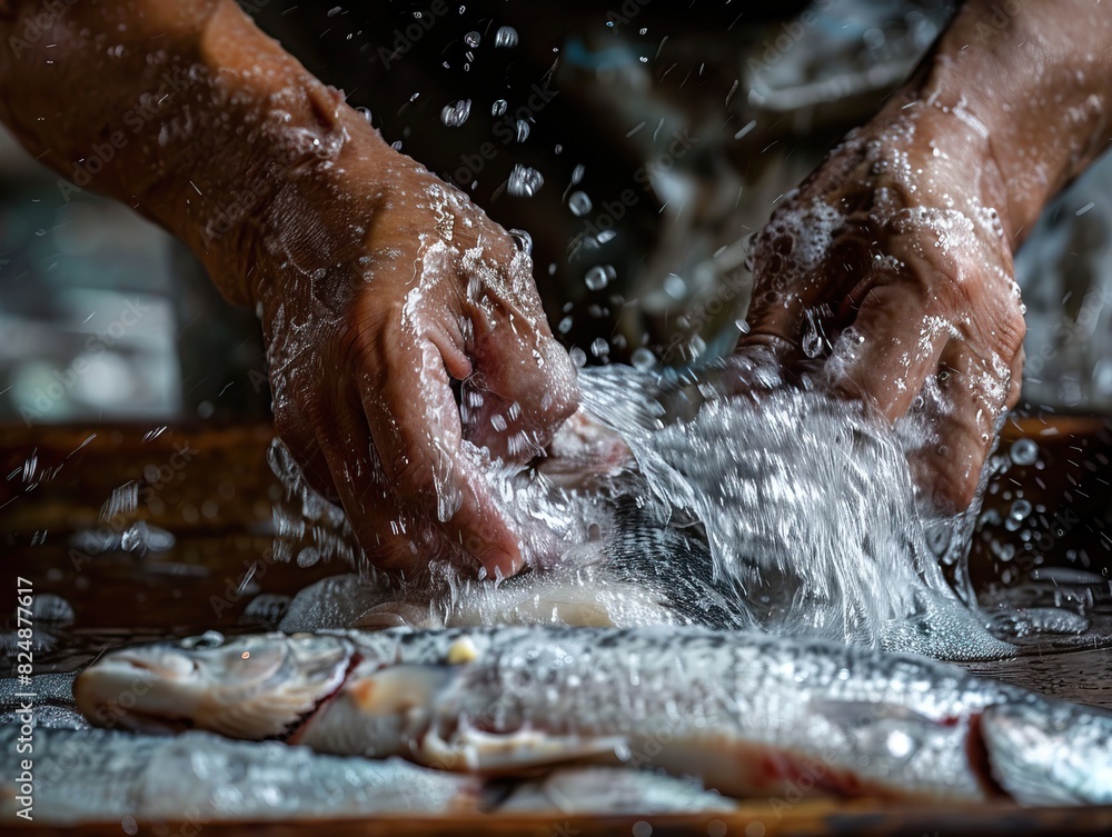 Fototapeta premium Professional fish cleaning and filleting process by skilled hands