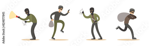 Man Thief or Robber Commits Crime and Robbery Vector Set